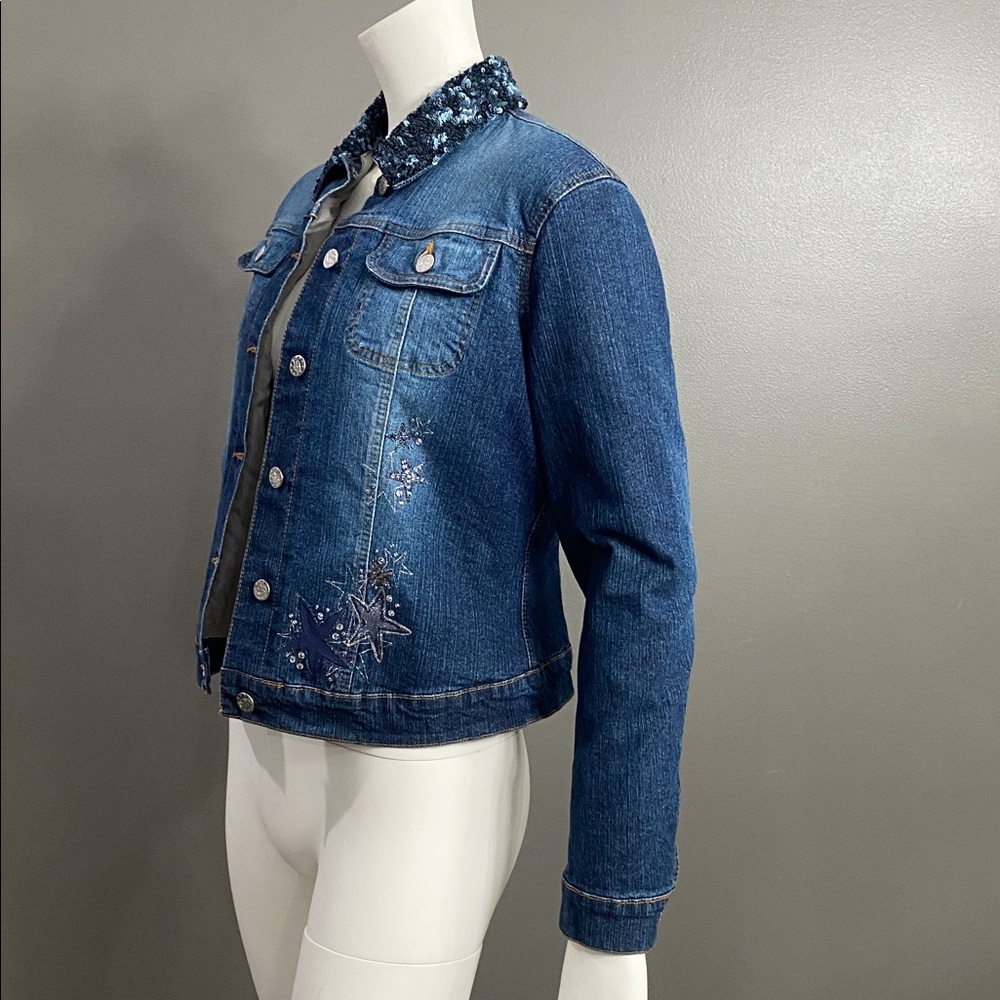 Blumarine Denim Jacket with Sequin Collar Embroidery on back Size small - Picture 5 of 15